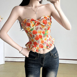 Bowknot ruched glitter flower print tube top