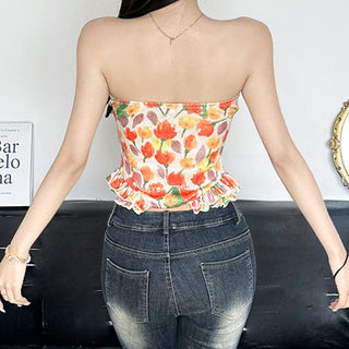 Bowknot ruched glitter flower print tube top