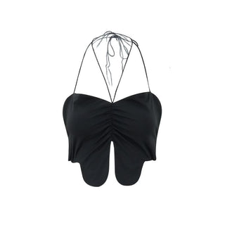 Halter self tie ruched slit backless top