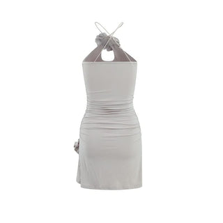 Ruched slit flower applique backless mini dress