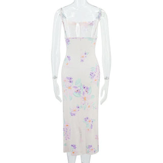 Ruched drawstring slit print cami midi dress