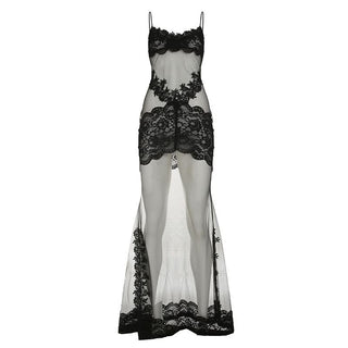 Lace hem v neck see through mesh cami maxi dress