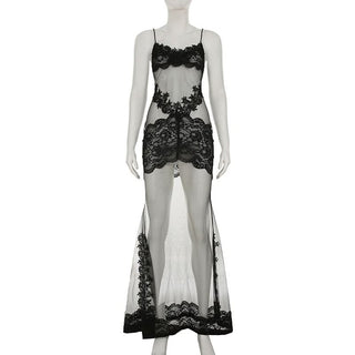 Lace hem v neck see through mesh cami maxi dress