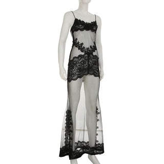 Lace hem v neck see through mesh cami maxi dress