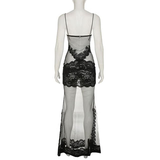 Lace hem v neck see through mesh cami maxi dress
