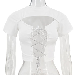 Short sleeve hollow out metal chain lace up ribbed cut out top