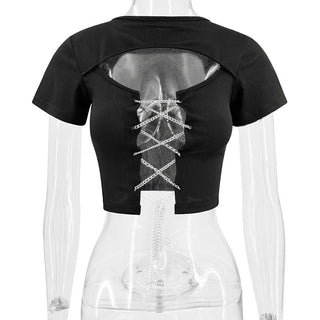 Short sleeve hollow out metal chain lace up ribbed cut out top