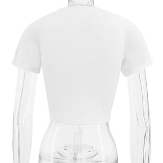 Short sleeve hollow out metal chain lace up ribbed cut out top