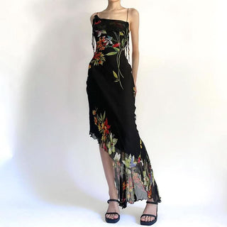 Irregular flower print ruffle cami midi dress