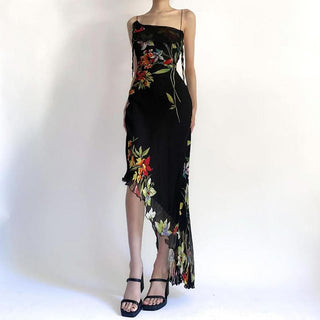 Irregular flower print ruffle cami midi dress