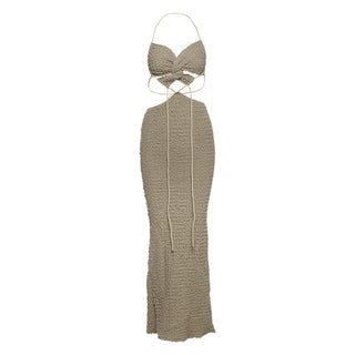 Textured halter self tie v neck hollow out cut out maxi dress