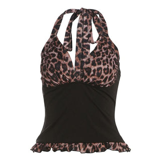 Leopard print halter self tie v neck ruffle top