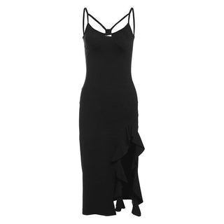 Hollow out v neck slit ruffle cami cut out midi dress