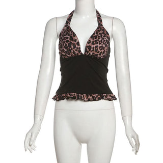 Leopard print halter self tie v neck ruffle top