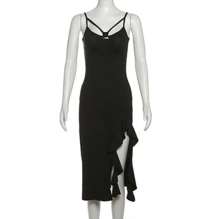 Hollow out v neck slit ruffle cami cut out midi dress