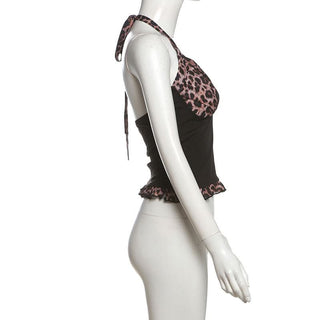 Leopard print halter self tie v neck ruffle top
