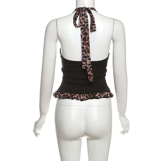 Leopard print halter self tie v neck ruffle top
