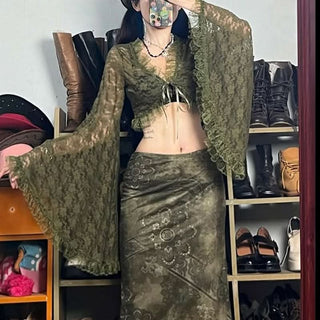 Long flared sleeve lace ruffle self tie v neck crop top