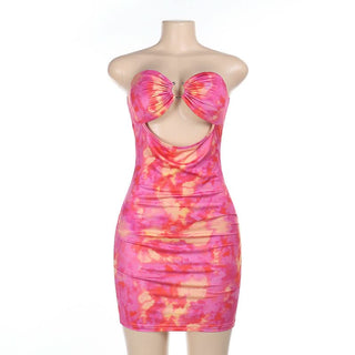 Hollow out ruched print tube cut out mini dress