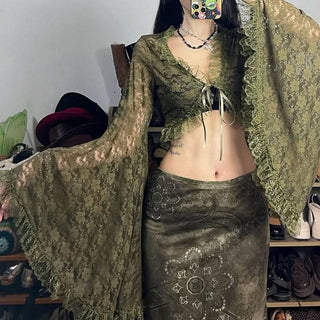 Long flared sleeve lace ruffle self tie v neck crop top