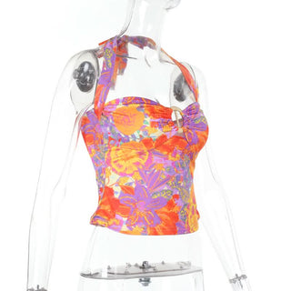 Self tie halter hollow out flower print cut out top