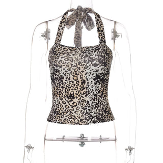 Leopard print halter self tie square neck top