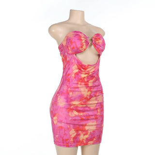 Hollow out ruched print tube cut out mini dress