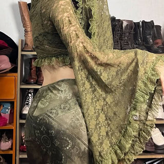 Long flared sleeve lace ruffle self tie v neck crop top