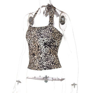 Leopard print halter self tie square neck top