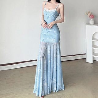 Ruched lace hem print mesh cami maxi dress