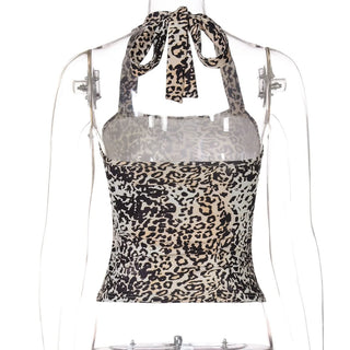 Leopard print halter self tie square neck top