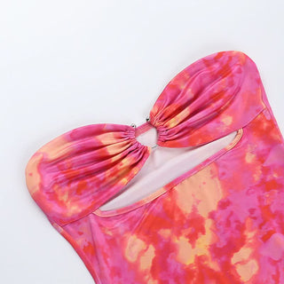 Hollow out ruched print tube cut out mini dress