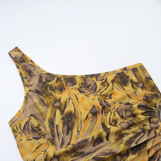 One shoulder slit ruched print hollow out cut out maxi dress