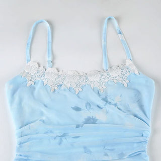 Ruched lace hem print mesh cami maxi dress