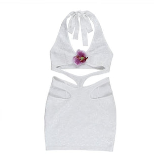 Hollow out flower applique halter self tie cut out mini dress