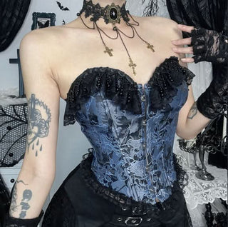 Sweetheart neck lace hem button print tube top