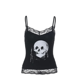 Lace hem v neck skull pattern cami top