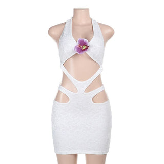 Hollow out flower applique halter self tie cut out mini dress
