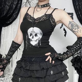 Lace hem v neck skull pattern cami top