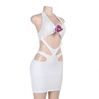 Hollow out flower applique halter self tie cut out mini dress