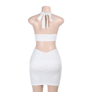 Hollow out flower applique halter self tie cut out mini dress
