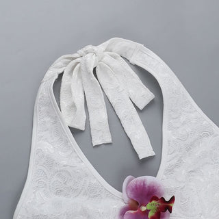 Hollow out flower applique halter self tie cut out mini dress