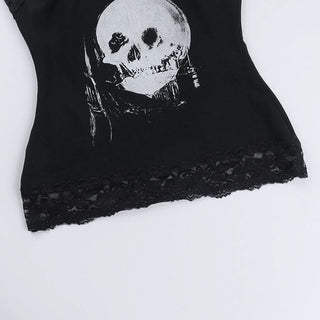 Lace hem v neck skull pattern cami top