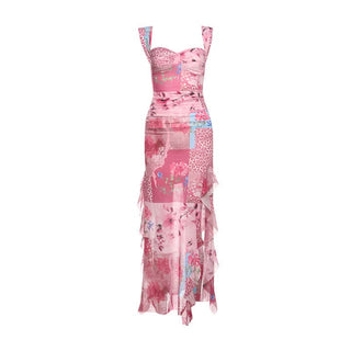 Slit print ruffle v neck tank maxi dress