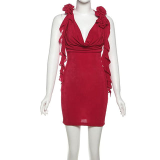 Cowl neck flower applique solid mini dress