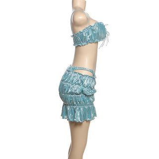 Ruched metallic ruffle self tie 3 piece mini skirt set