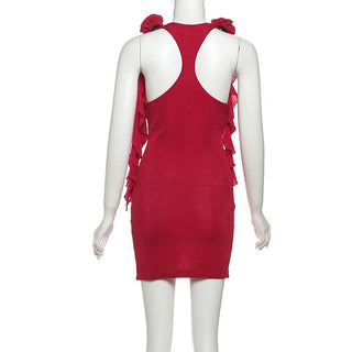 Cowl neck flower applique solid mini dress