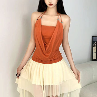 Halter beaded solid backless square neck top