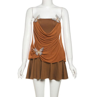 Ruched butterfly applique mesh tube mini dress