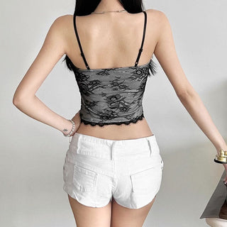 Lace hem ruched bowknot v neck cami top
